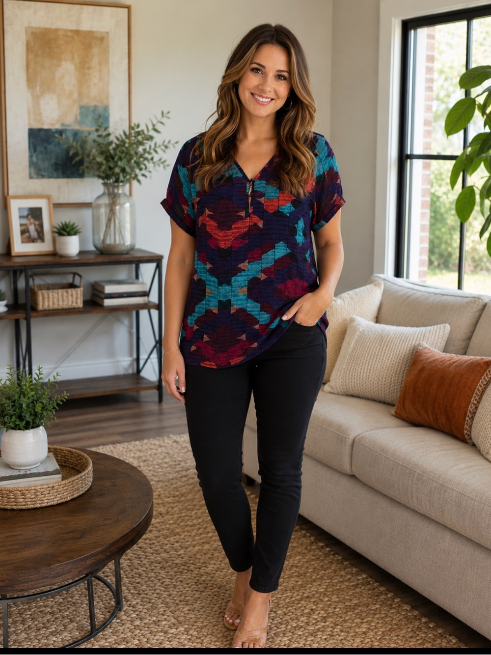Liz Claiborne Teal, Burgundy & Navy Geometric V-Neck Blouse